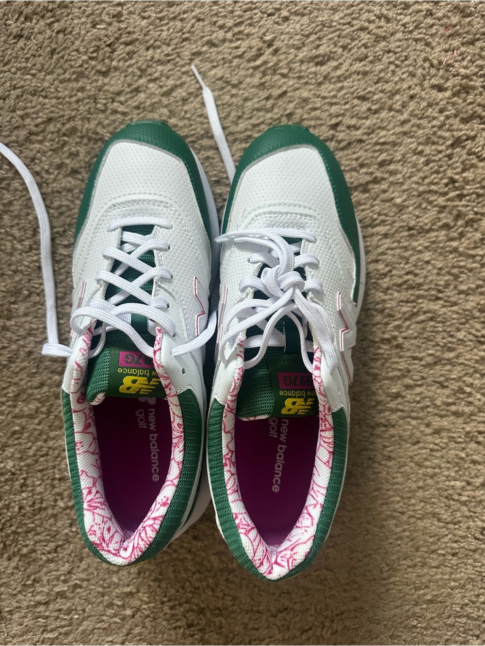 New Balance White and Green Golf Sneakers with Pink Floral Lining